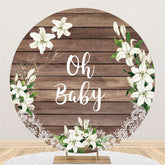 Oh Baby Weiß Blumen Braun Holz Runden Babydusche Hintergrund